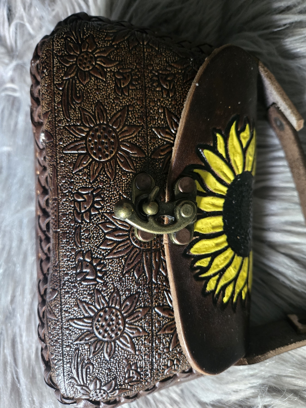 Small Hand Crafted Brown Leather Crossbody Bag with Yellow Sunflower Accent